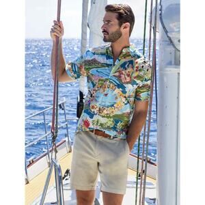 Tori Richard Men’s XL Boat Day Aloha Hawaiian Shirt Lagoon Short Sleeve